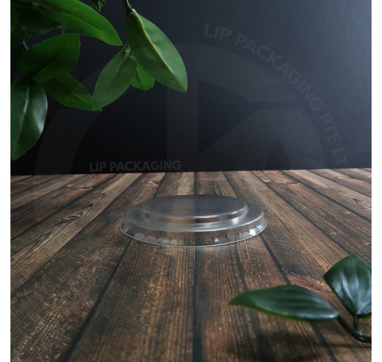 Stack of clear, flat plastic lids (87mm) suitable for cold takeaway portions in 4oz and 5oz paper bowls.
