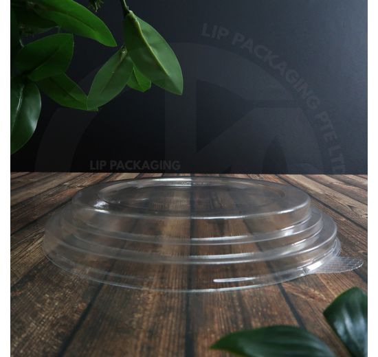 Clear plastic dome lid (168mm diameter) with a raised profile for extra-large paper food containers.
