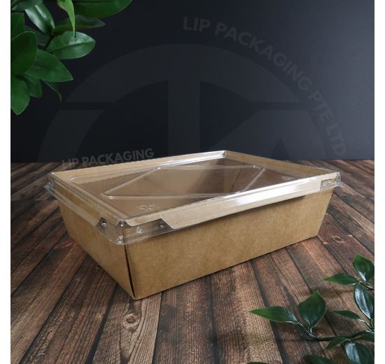 Kraft paper meal box (LRT 2100L) with separate clear plastic lid for maximum product visibility.