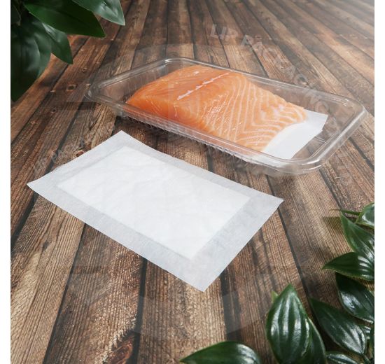 White, food-grade moisture absorbent pads used in Singapore for packaging fresh cuts of meat, seafood, and durian fruit to extend shelf life.