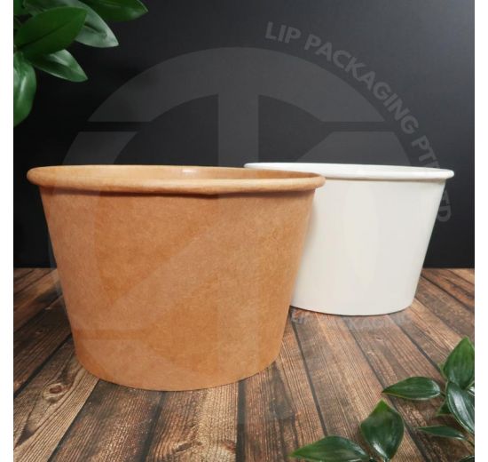 Stack of deep 1410ml Kraft Brown paper bowls, extra-large size for soups and liquid takeaway.