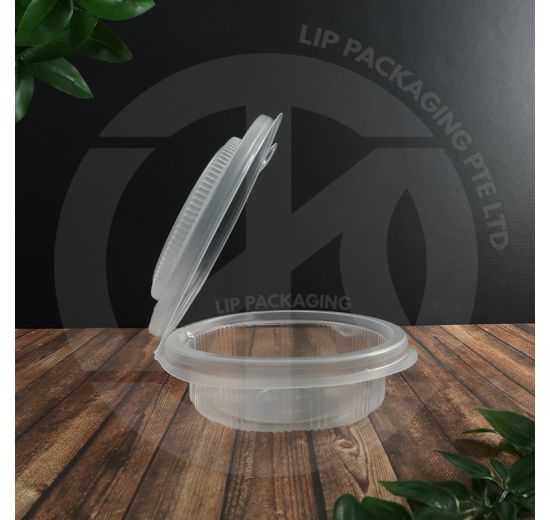Translucent PP clamshell compartment lid (PP140) with divider, designed to fit large paper food bowls.
