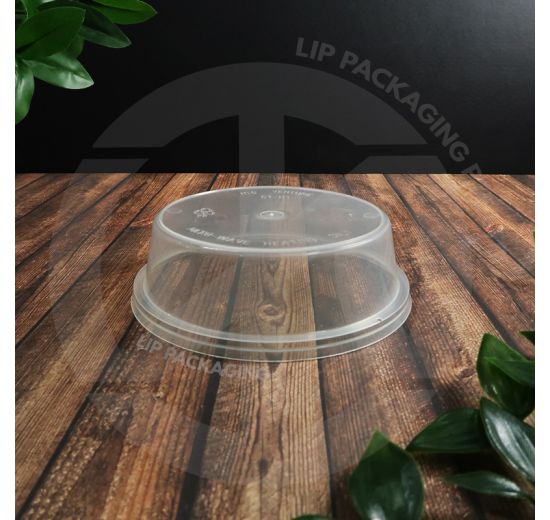 Transparent, High Top (HT) plastic Lid C01HT (118mm) for round containers, microwave-safe.
