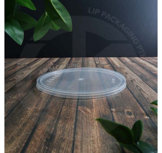 Clear, flat plastic Lid C02 with 147mm diameter, suitable for microwaving and takeaway food.