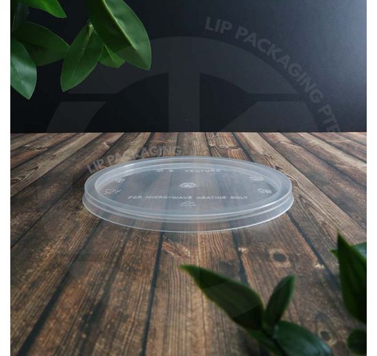 Transparent, flat plastic Lid C04 with 141mm diameter for round, microwaveable food containers.