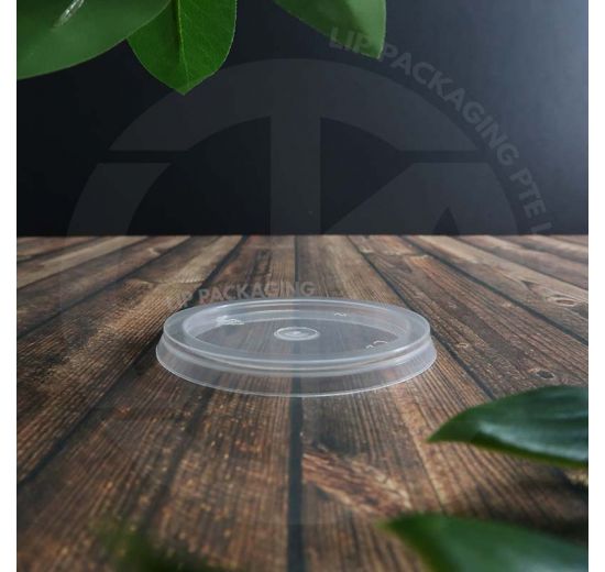 Transparent, 62mm diameter, microwave-safe plastic Lid C20 for sauce and condiment cups.
