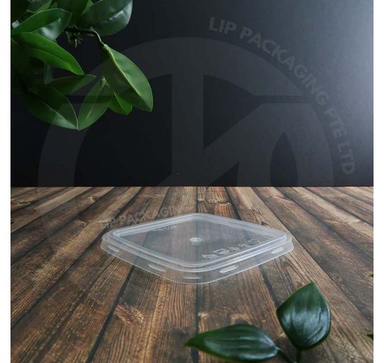 Transparent plastic Square Lid C29, microwave safe, shown securing the compatible MS SQ250 food container.