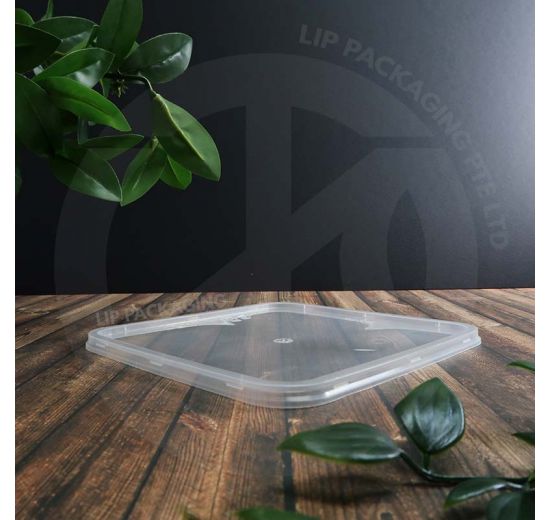 Transparent plastic Square Lid C10, used for sealing MS SQ1 and MS SQ1500 microwavable containers for food delivery.
