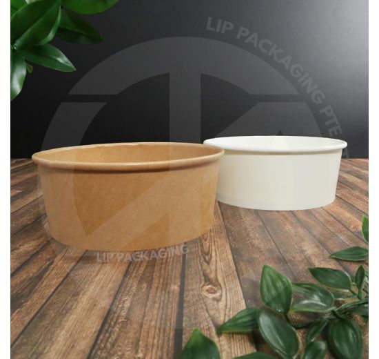 Stack of wide 1090ml white and Kraft brown paper bowls for XL takeaway portions.