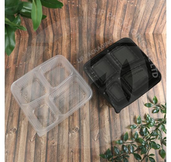 Microwave-safe, four-compartment PP4C bento box in black/translucent plastic for complete meal segregation in food delivery and takeaway.