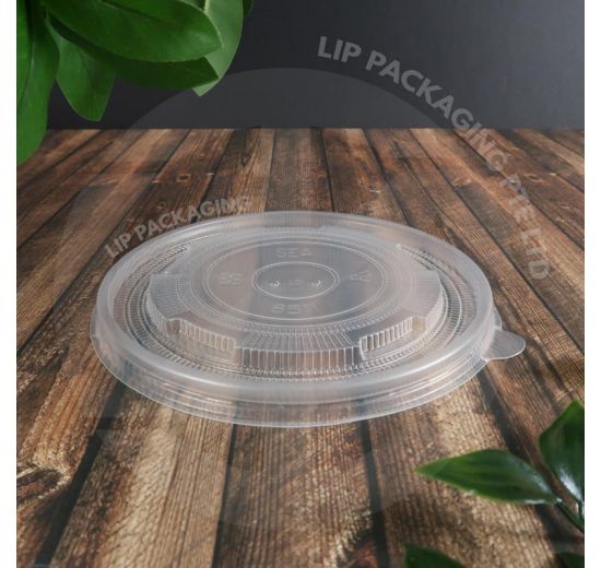 Clear plastic flat lid (Lid 8511, 140mm diameter) with a vent hole, designed for large paper takeaway containers.