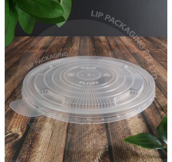 Clear plastic flat lid (168mm diameter) with a steam vent, used to seal extra-large paper food bowls.