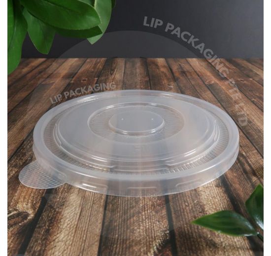 Clear plastic flat lid (190mm diameter) with a steam vent, used to seal extra-large 1410ml paper bowls.