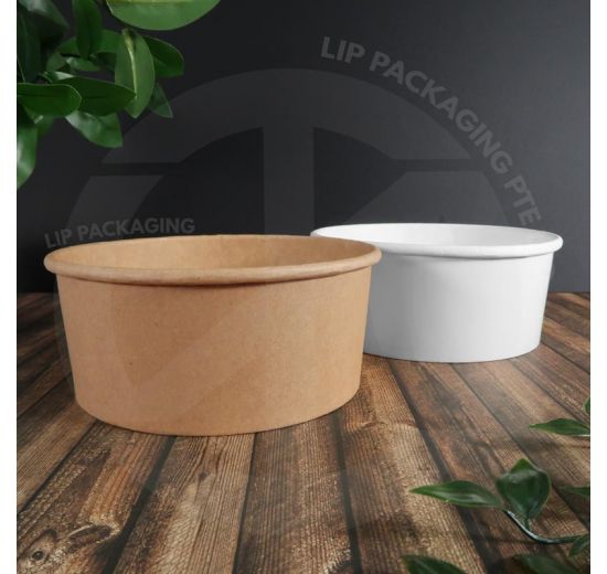 Stack of 1150ml White and Kraft Brown disposable paper bowls, extra-large size for food catering and dabao.