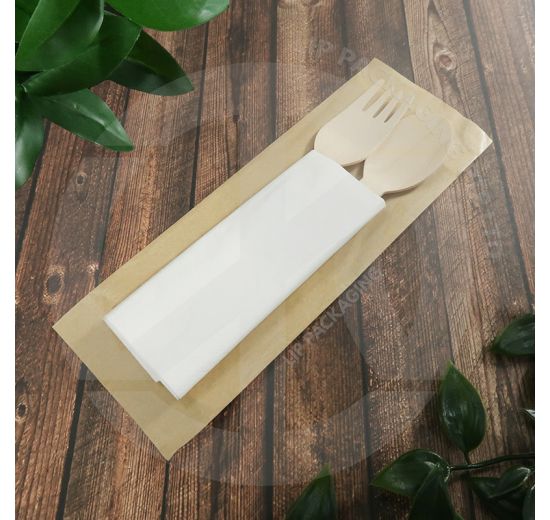 160mm disposable wooden cutlery set 3-in-1: fork, spoon, and serviette for eco-friendly catering in Singapore.