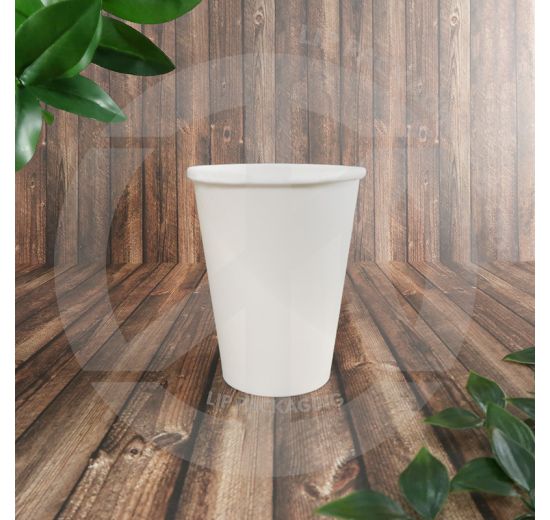Single white 12oz single wall paper cup ready for hot or cold beverage service.
