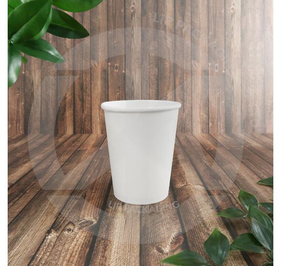 Single 8oz white single wall disposable paper cup for serving hot coffee.