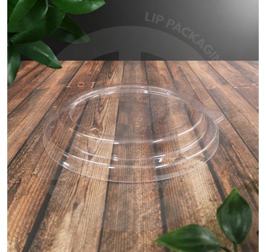 Clear plastic dome lid (C150, 147mm diameter) for large takeaway paper food containers.