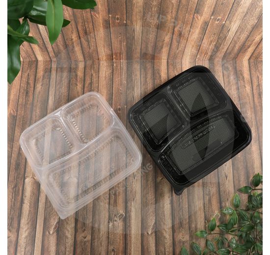 Microwave-safe, three-compartment PP3C bento box in black/translucent plastic, ideal for Singapore food delivery.