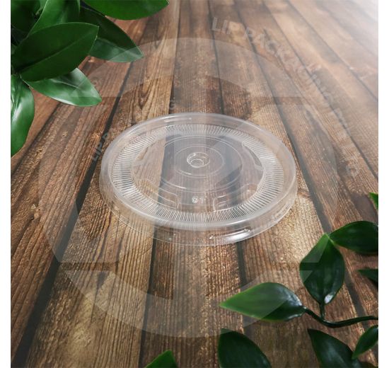 Clear plastic flat lid (FL220, 91mm diameter) sealing a small 220ml paper bowl for takeaway sauces.