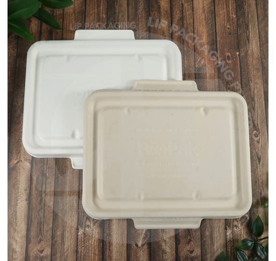 Sugarcane pulp lid CSRT-60 in natural color for two or three compartment food containers.
