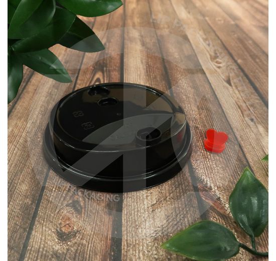 Black hard plastic lid with a unique heart-shaped cap closure for beverage cups.