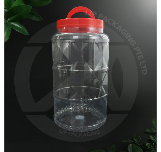Jumbo 3.6L round PET container M-4060 with a festive red screw-on lid featuring a built-in carry handle.