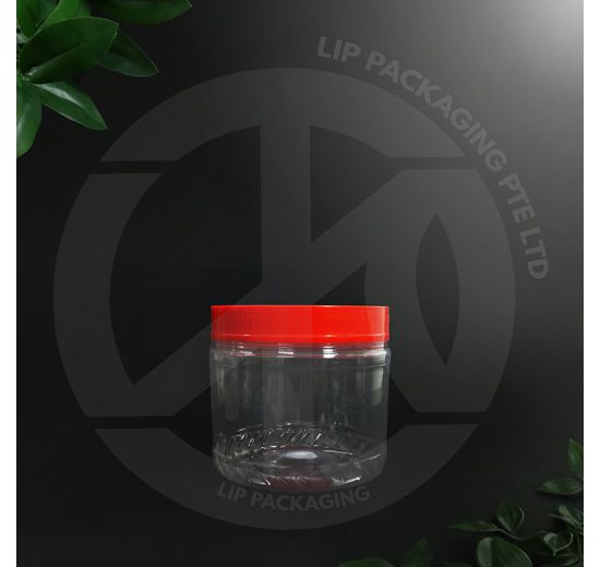 Clear round 850ml PET plastic container M-4019 with a screw-on festive red airtight lid.