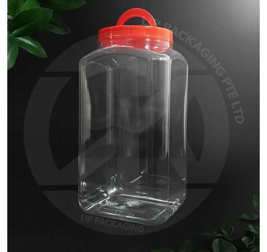 Jumbo 4L square PET container M-9001 with a festive red screw-on lid featuring a built-in carry handle.