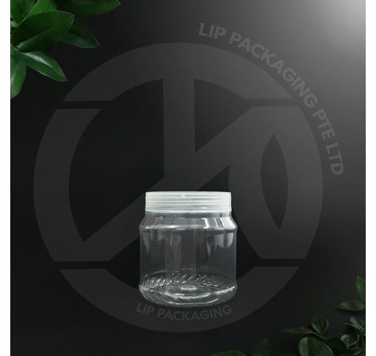 Transparent round PET container M-4017 with a matching clear screw-on lid for food storage.