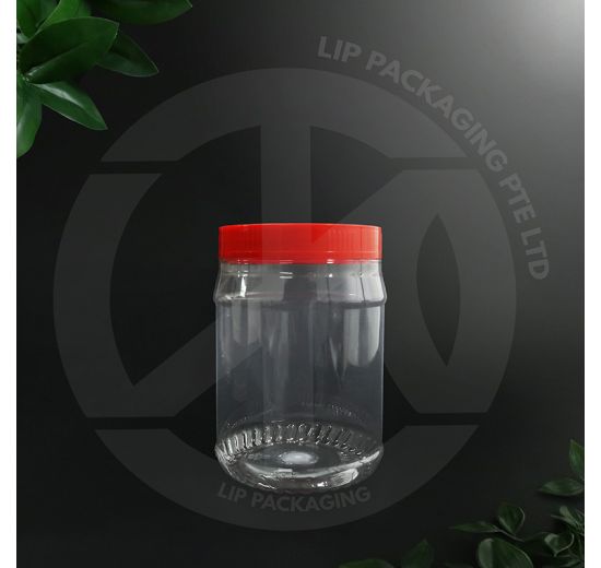 Clear round 1.2L PET plastic container M-4021 with a festive red screw-on airtight lid.