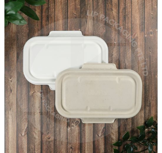 Stack of biodegradable sugarcane pulp lids CSRT-44 for rectangular food boxes.