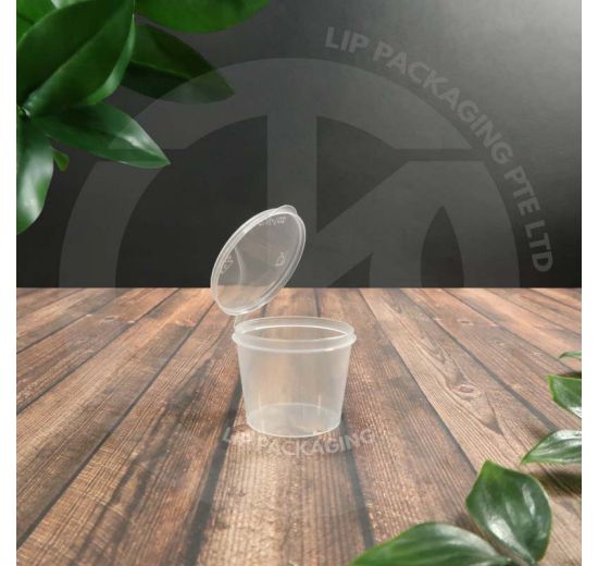 Transparent 25ml plastic sauce cup (MS P100K) with a hinged, attached lid.