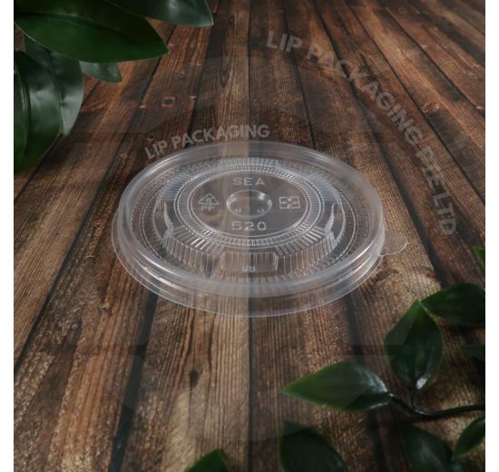 Stack of 110mm clear plastic flat lids (520A) for medium-sized takeaway paper bowls.