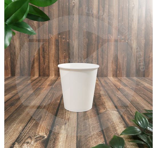 Single 7oz white single wall disposable paper cup for water or hot beverages.