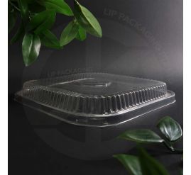 Stack of transparent plastic Snap-On Lids C1452, designed to fit Square Aluminium Tray 1452 securely