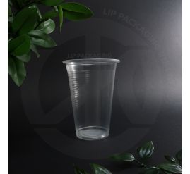 Transparent 16oz (500ml) AO plastic cup featuring a visible vertical line texture for a better grip.