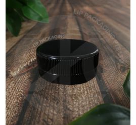 Stack of black plastic screw lids for 300ml and 350ml PET bottles.