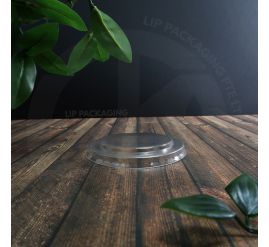 Stack of clear, flat plastic lids (87mm) suitable for cold takeaway portions in 4oz and 5oz paper bowls.