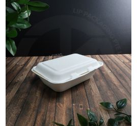 Stack of white, single-compartment 7x5 inch sugarcane pulp bio lunchboxes with two secure locking tabs.