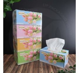 Bulk carton of white 2-ply facial tissue boxes, packaged in rolls of four for wholesale delivery in Singapore.