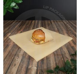Large 30x30cm brown greaseproof paper sheet, partially wrapped around a burger, showing its use for food wrapping.