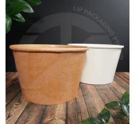 Stack of deep 1410ml Kraft Brown paper bowls, extra-large size for soups and liquid takeaway.