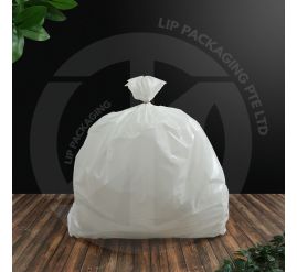 Bulk package of large 23" x 30" white plastic trash bags, suitable for commercial waste bins.