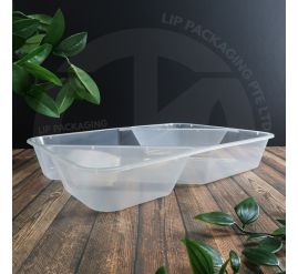 Transparent, three-compartment Rectangular Container MS 1800TC base for large bento or separated catering meals (1640ml).