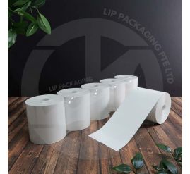 A stack of white thermal receipt paper rolls, 57mm wide, for use in a point-of-sale (POS) terminal or electronic cash register.