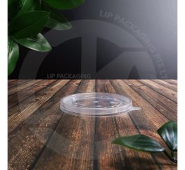 Stack of 90mm translucent plastic flat lids, compatible with 8oz paper food containers for delivery.