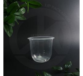 Stack of transparent 12oz U360 plastic cups, showing the characteristic round, curved base.