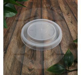 Stack of white plastic Flat Lids with a 99mm diameter, designed to provide a secure seal for 16-ounce takeaway foam cups.