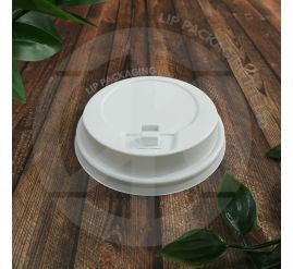 White plastic Pop Out Lid C90LT with a 90mm diameter, designed for hot beverages in 12oz Special foam cups.